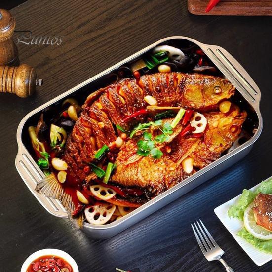 Deep Rectangular Baking Pan Stainless Steel Pan, with Handles, Heavy-Duty Tray, Commercial Grade High Temperature Resistant Durable Kitchenware,