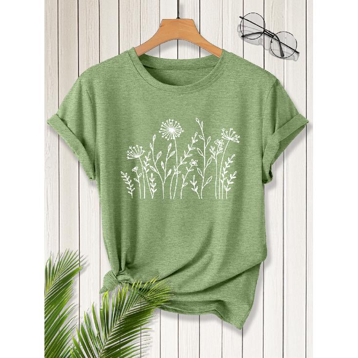 2026New SpringSummer Women's Round Neck Line drawings of various wildflowers Dandelion Lace flowers etc Printed Short Sleeve T