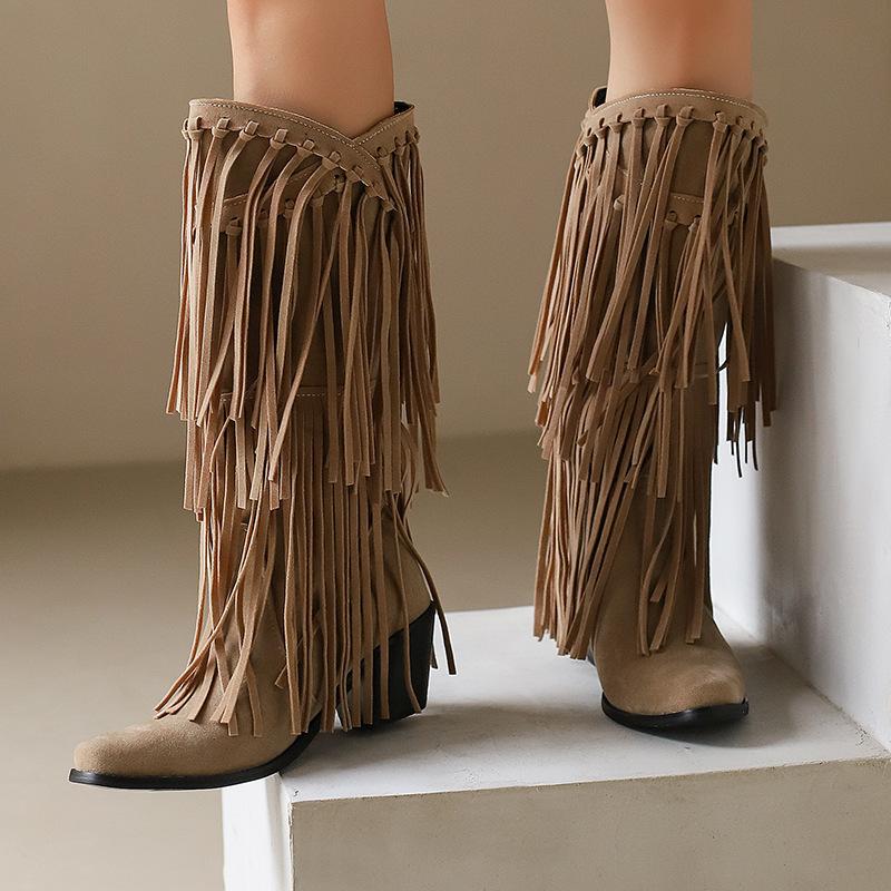 Autumn and winter fringed women's boots small square head solid color casual fashion boots H