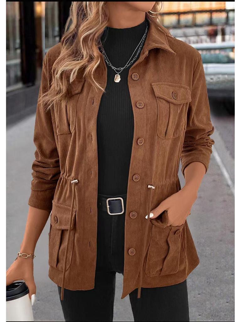 2026 Autumn Women's Corduroy Lapel Jacket: European & American Slim Fit Workwear Trend