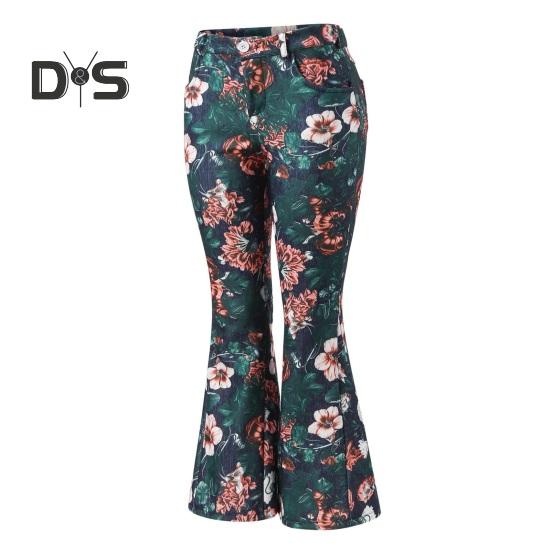 Women Denim Pants High-Waisted Floral Print Flared Jeans with Pockets Belt Ring Lightweight Breathable Jeans