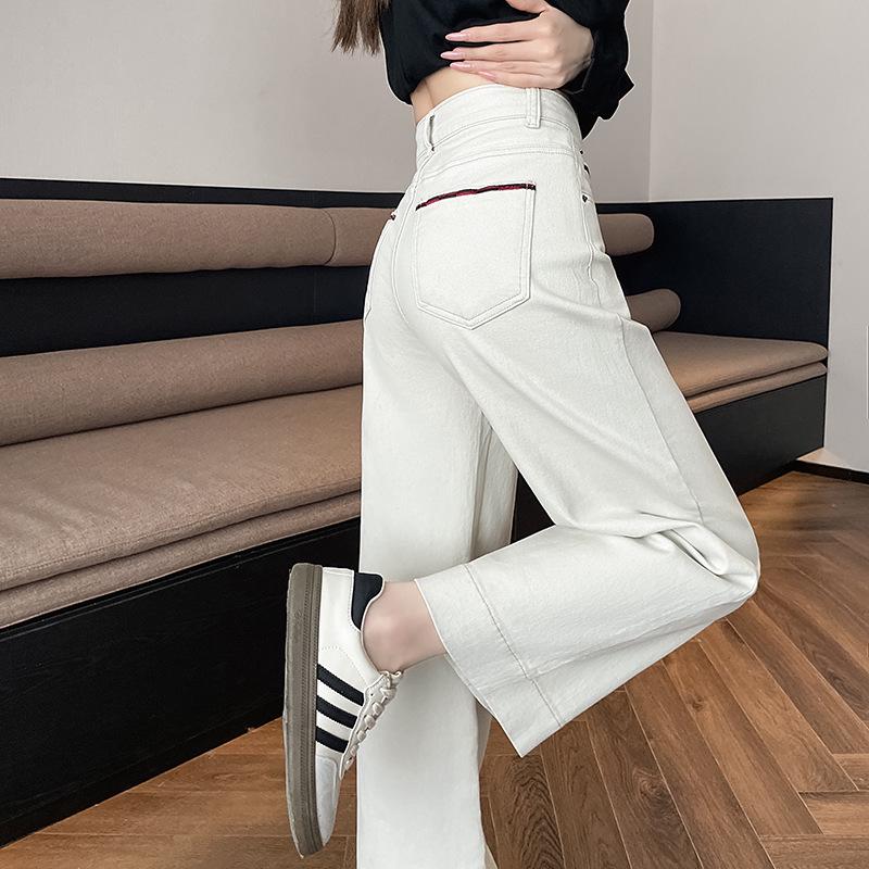 Women s Off-white High Waist Cropped Wide-leg Denim Pants - Flared, Tummy Covering, for Spring & Autumn S