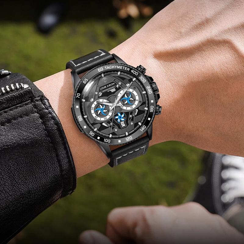 Men's Sports Watches Waterproof Real Three- Eyes Calendar Quartz Watch Leather Strap Multifunction Casual Watch Reloj Hombre