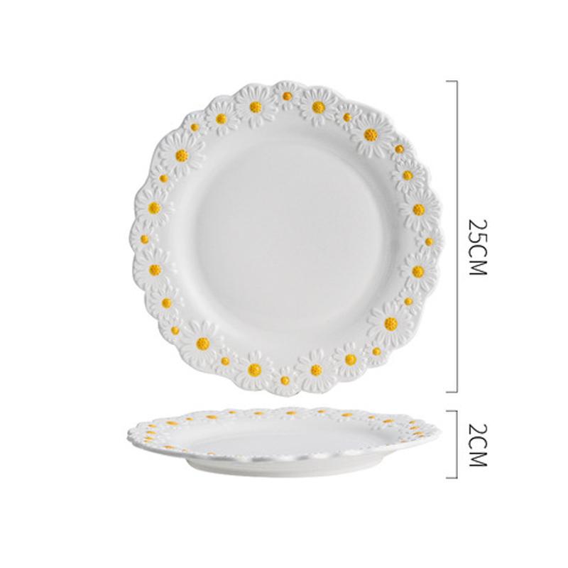 Ceramic Daisy Embossed Creative Dishes, Household Vegetable Rice Soup Bowl Dinner Plate Ceramic Set Combination Tableware
