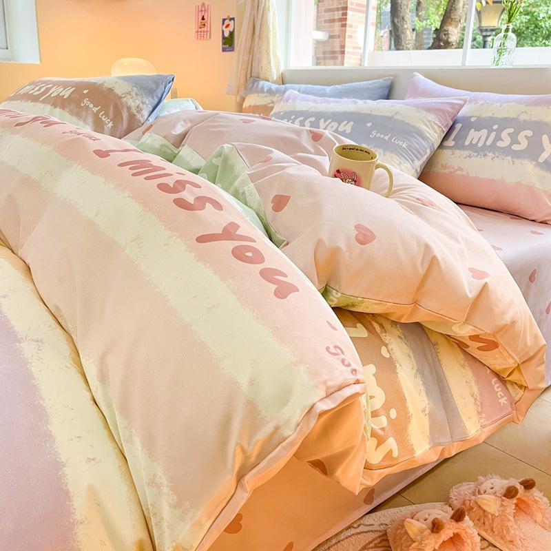 Set din patru piese prințesă drăguț din bumbac, husă de pilota din bumbac pur, husă de pilota de lenjerie de pat, set din trei piese pentru dormitor