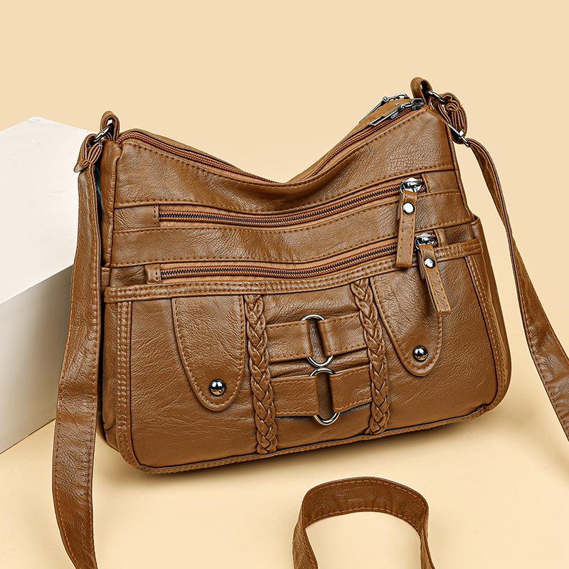 Koreanische Damen Umhänge-Schultertasche aus gewaschenem Leder mit großem Fassungsvermögen - Neue Mode, Mehrschichtig, Schlichtes Design für Mütter