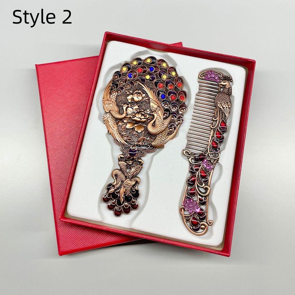 Hand-held Peacock Makeup Mirror Comb Set Vintage Cosmetic  Mirror Creative Vanity Mirror  Women