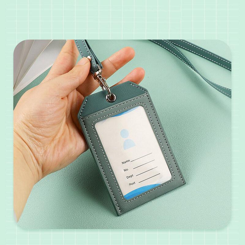 2 Card Slot Employee Work ID Card Set Hanging Rope PU Leather Bus Meal Card Chest Badge