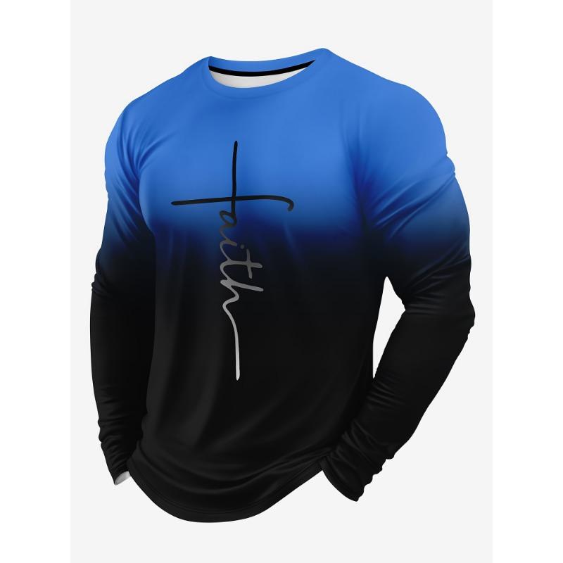 Autumn Round Neck Color Block 'Faith' Graphic 3D Printed T-shirts Fashionable Casual Long Sleeved Men's T-shirts