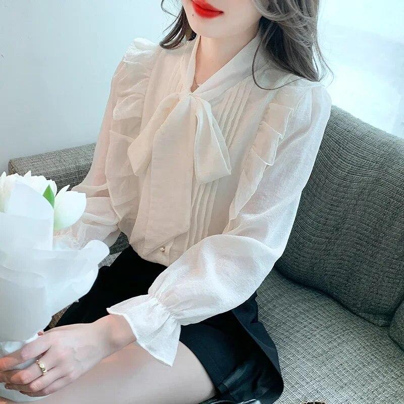 

Модная шифоновая блузка с оборками, женские элегантные женские рубашки с длинными рукавами на пуговицах, женские топы, офисная женская одежда 29933 XXL абрикосовый