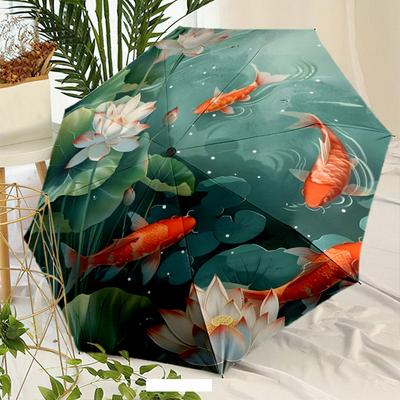 Automatisches Öffnungs-/Schließschirm mit Ein-Knopf-Bedienung - Japanisches Koi-Fisch- & für Lotusblumen-Design in Grün/Weiß/Schwarz/Türkis -