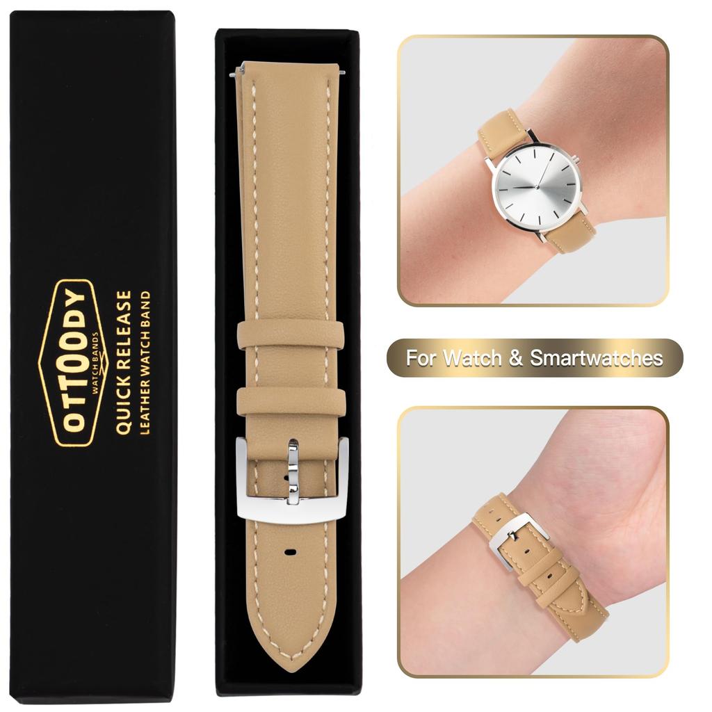 Genuine Leather Watch Quick Release Strap for Men and Elegant Soft Calf Leather Watch Replacement No Tools for Watches and Silver Buckle [OTTOODY]