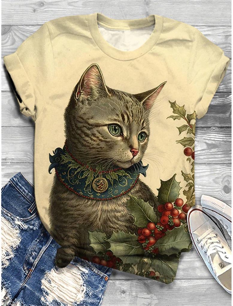 Women's T shirt Tee Cat Daily Weekend Print Black Short Sleeve Fashion Graphics Design Round Neck t shirts for woman Summer