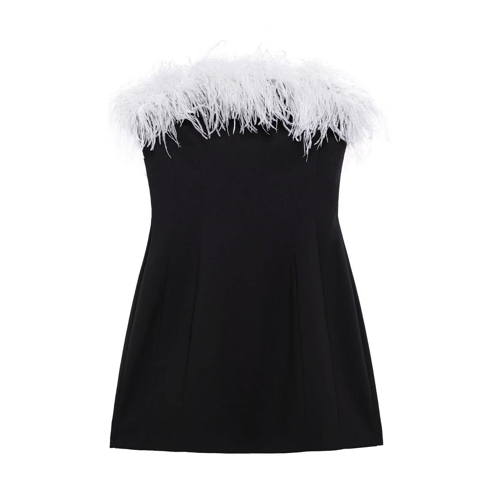 

2024 Women s European & American One-Shoulder Feather Dress Large чёрный