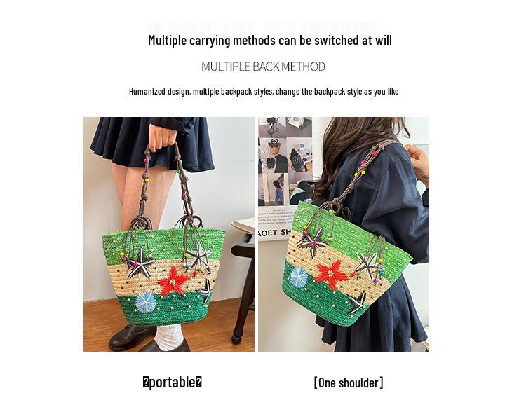 Women's Large Capacity Summer Woven Straw Beach Bag with Starfish Decoration
