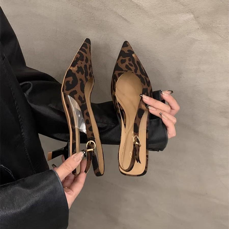 Niche leopard print sandals 2025 women's shoes with skirts summer new thick heel bag head pointed empty high heel single shoes