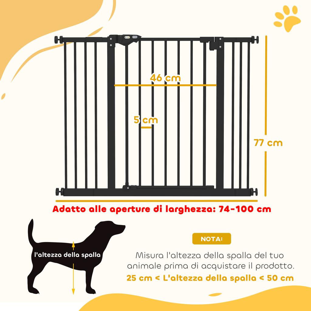 Dog Gate with 2 Extensions, Adjustable Width Up To 100 Cm and Automatic Closure, Black