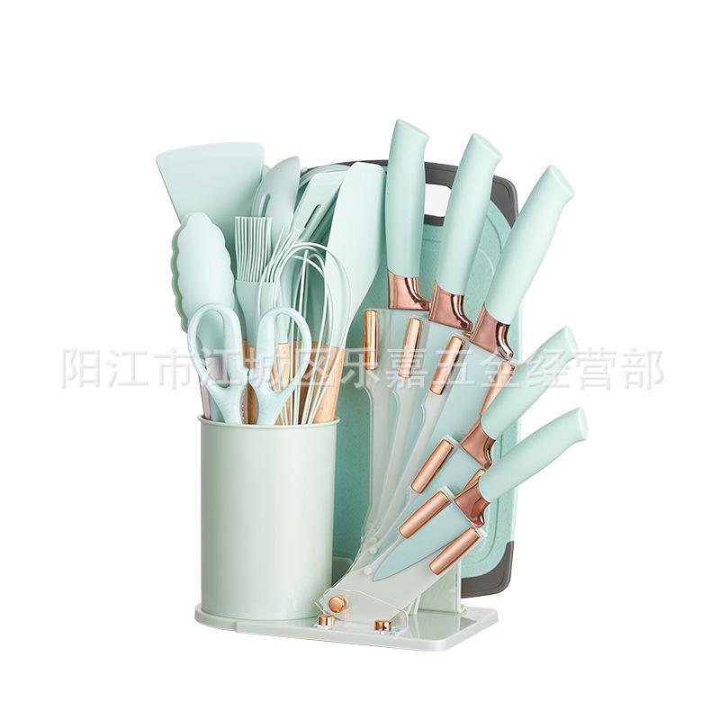 19-Piece Non-Stick Silicone Kitchen Utensil Set with Knives and Storage Bucket