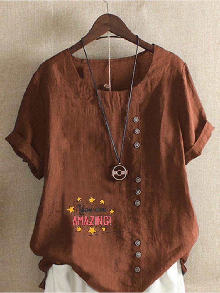 Women's Fashion Letter Print Round Neck Short Sleeve T-shirt Casual Cotton Linen Graphic Shirt Leisure Loose Summer Blouse Tops