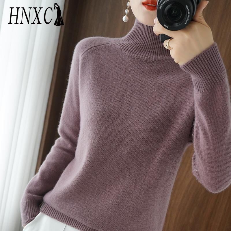 HNXC Stand-up Collar Sweater for Women's Autumn and Winter Thick Collection, Solid Color Pullover, Loose Knitted Long-sleeved Base