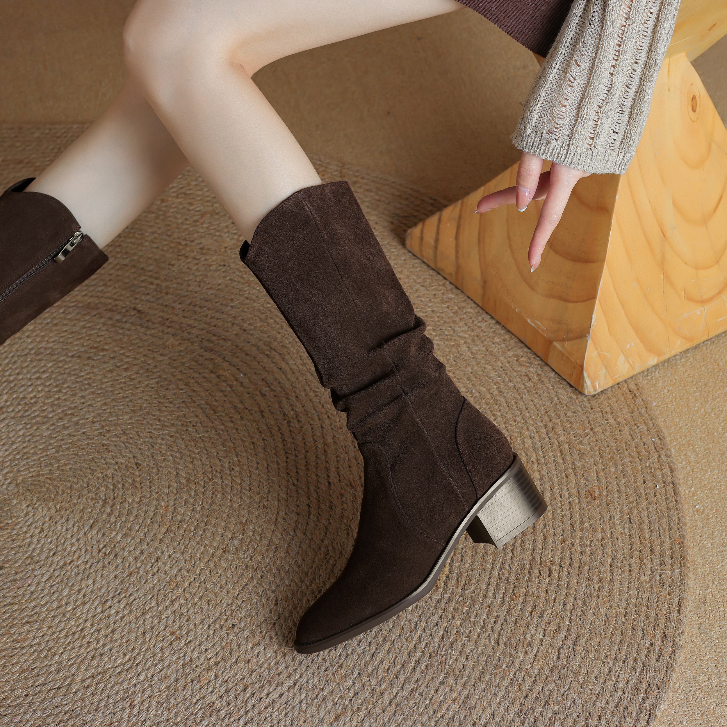 Krazing Pot Коровья замша Нубук Зимние Средний каблук Вестерн Сапоги Женские На молнии — фото 22