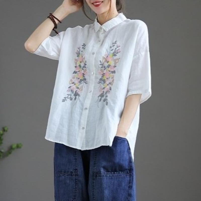 

Embroidery Design Women s Shirt Flip Collar Single Breasted Floral Pattern Short Sleeved Shirts Summer Casual Comfortable Famale Front Open Top 2XL білий