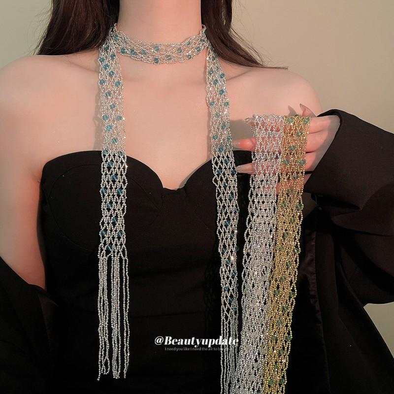 Elegant Crystal Beaded Tassel Pendant Necklace Women Gold Blue Boho Chic Long Chain Statement Jewelry