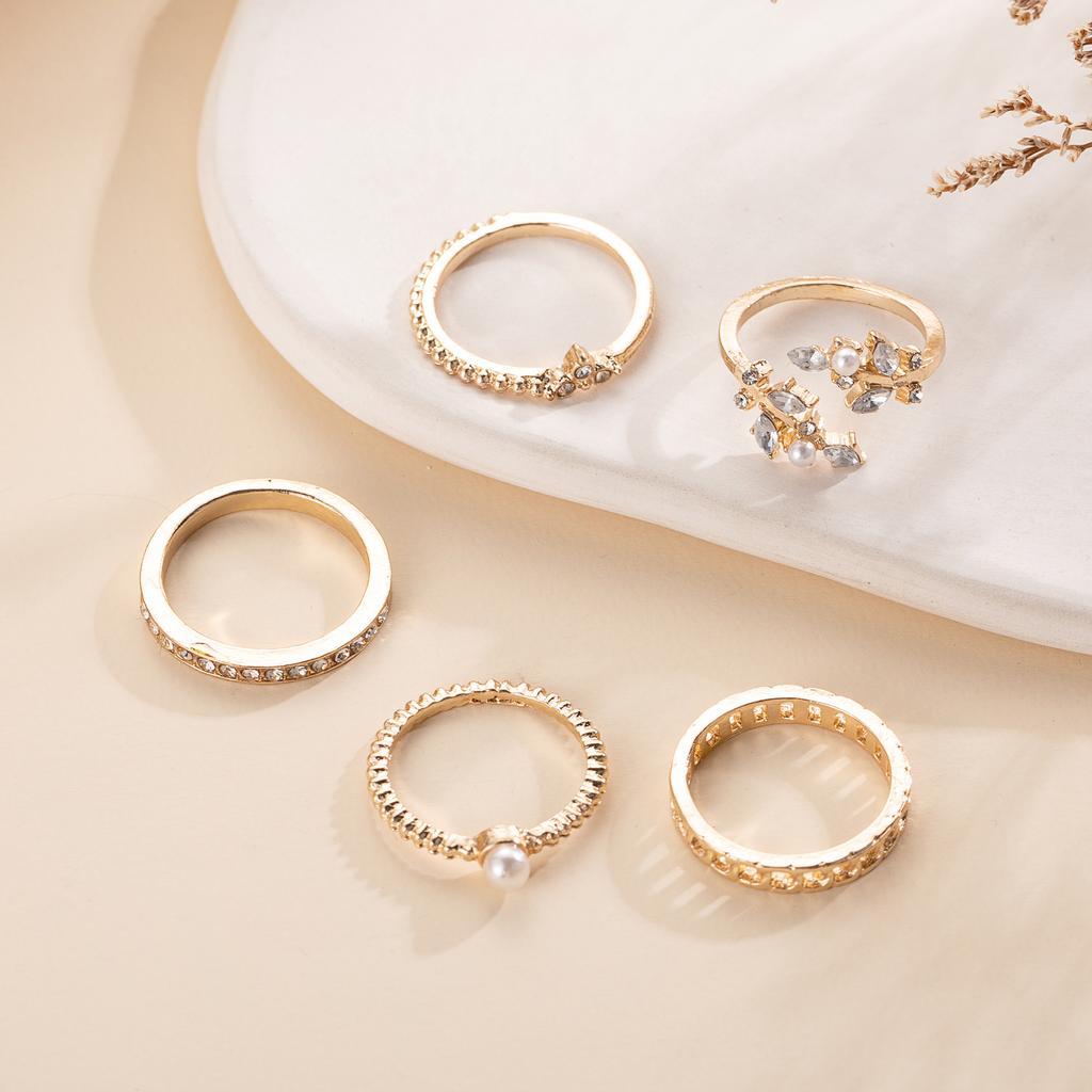 Combination Ring, Fashionable Pearl Dot Diamond Leaf Chain 5-Piece Set Ring For Women