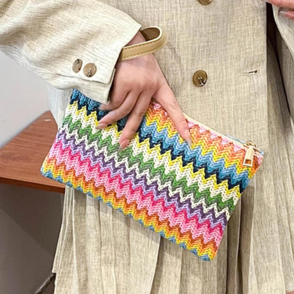 2025 Summer Straw Clutch Purse Bohemian Colorful Striped Wristlet Bag Hand-Woven Chic Hobo Bag Women's Retro Chain Crossbody Bag