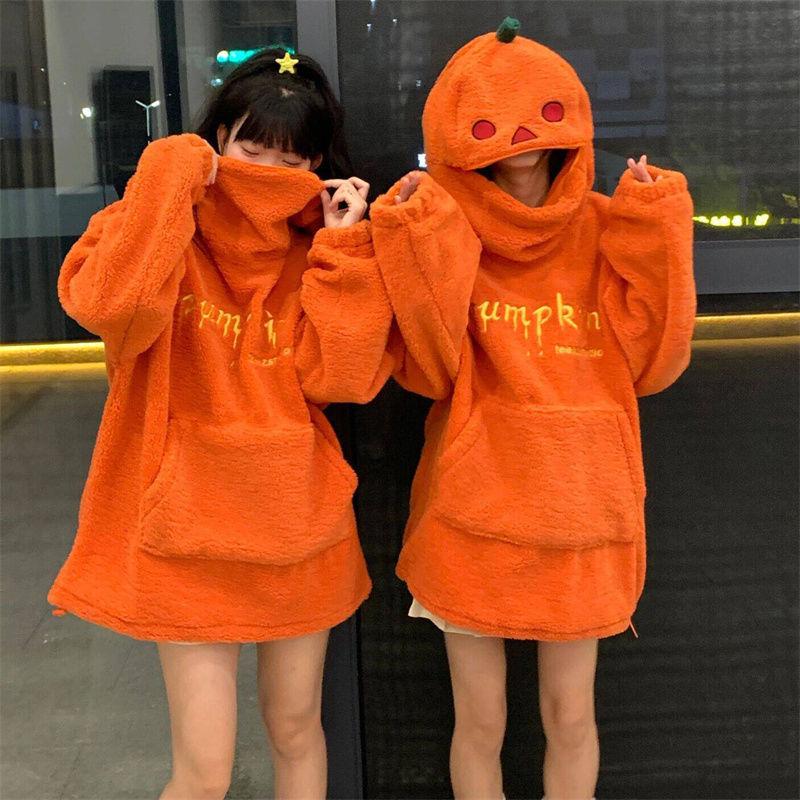 2024 Winter Halloween Party Kürbis Kopf Lamm Fleece Hoodie Frauen Männer Unisex Mit Kapuze Sweatshirt Stickerei Verdicken Streetwear