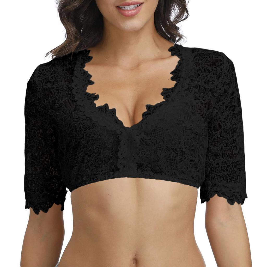 Damen Spitze Crop Top Hemd Oktoberfest Stil Knopfleiste Halbtransparent Kurzarm Bluse Traditionelle Bayerische Festkleidung