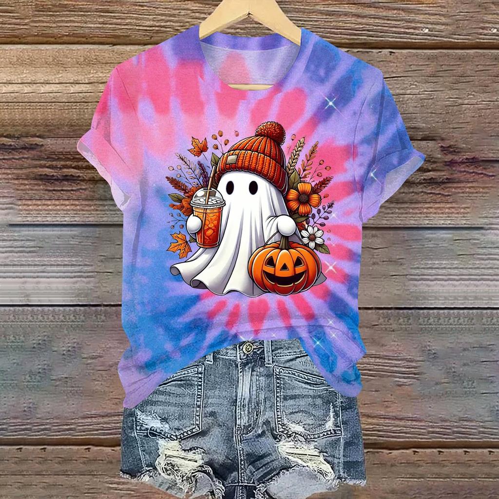 Ladies' Casual Halloween Printed Round Neck Short Sleeved T-Shirt