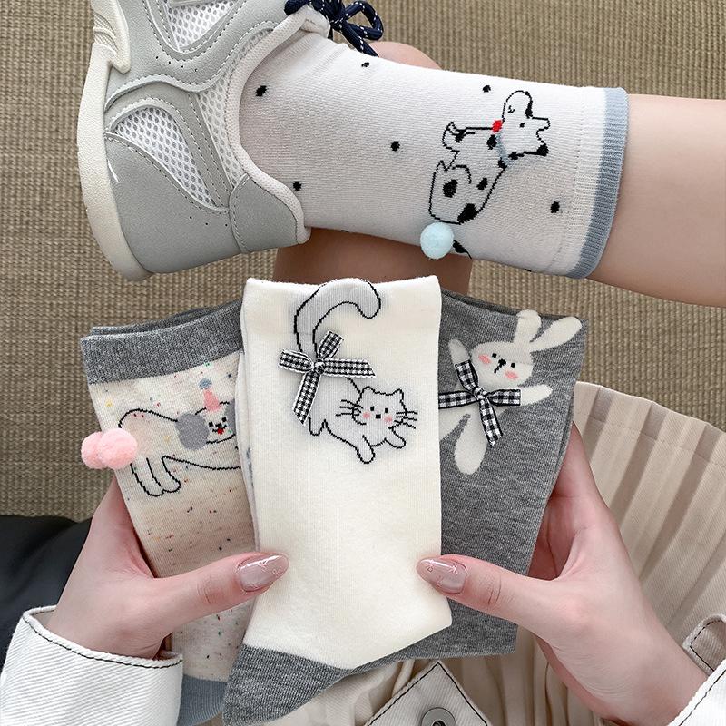 Summer Bow Cute Mid-tube Socks for Women 3D Cartoon Puppy Boneless Pile Socks Thin Mid-tube Socks