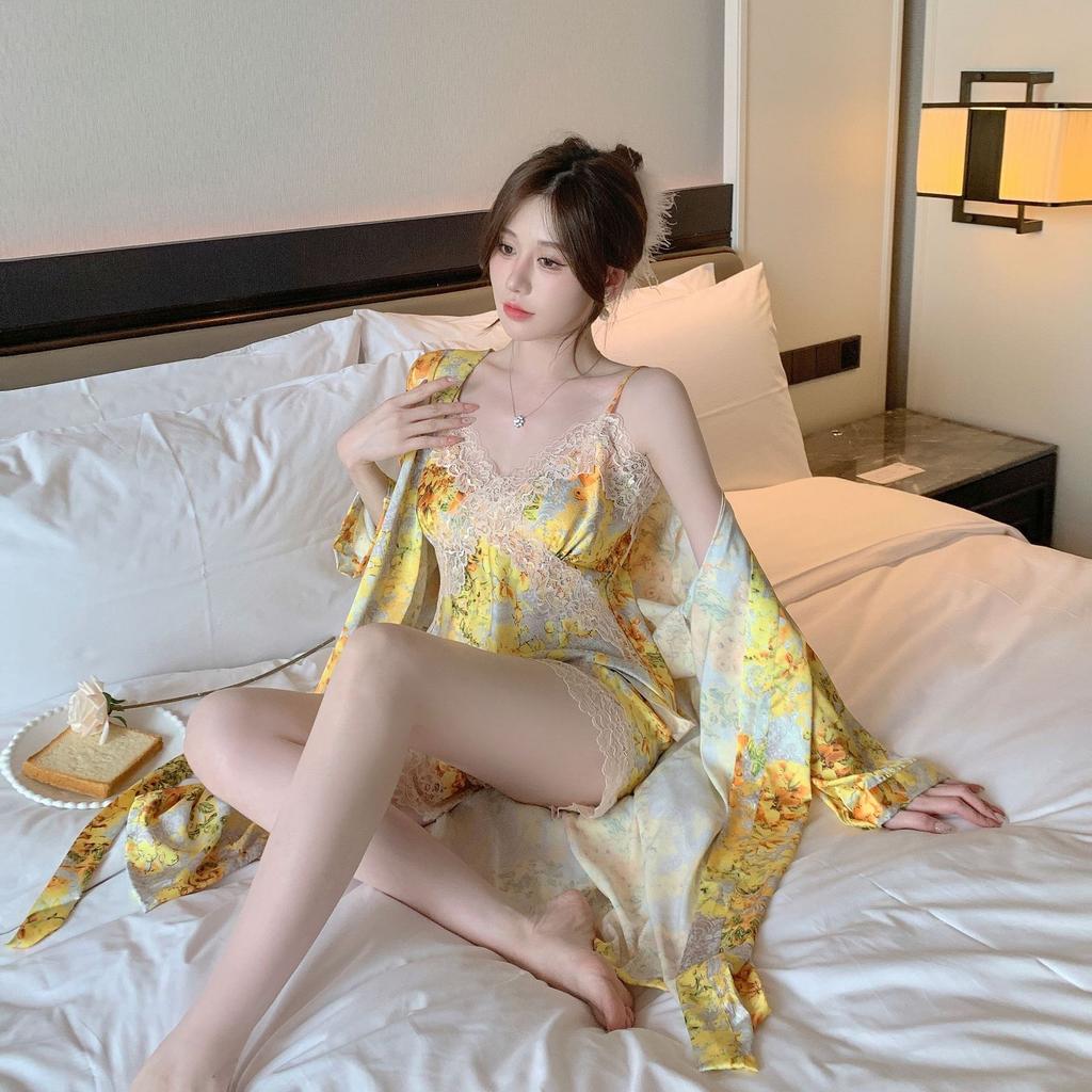 Sexy pajamas women's ice silk suspender shorts three-piece set pure desire with chest pad yellow robe popular loungewear