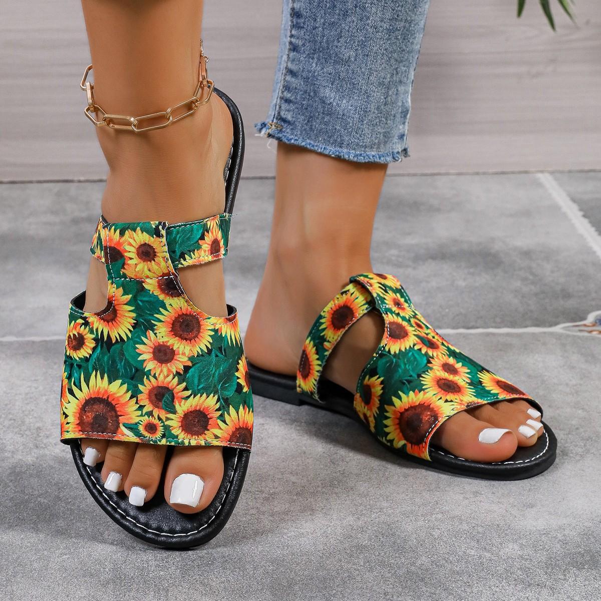 

2024 лето новые импортные торговые цветные цветочные большие размеры римская нация дышащие впитывающие пот односложные сандалии женские 36