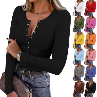Camiseta feminina e de inverno com fundo fino, moda casual, cor sólida, gola em U, pulôver, manga comprida, top