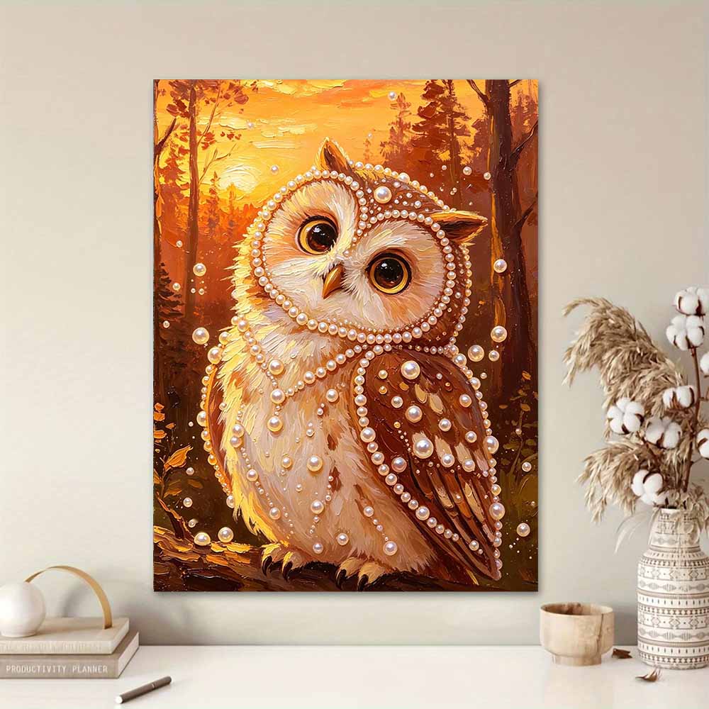 Golden Owl Pattern 5D Pearl Painting Kit with Frame DIY Sparkling Bead Canvas Art Relaxing Craft for Bedroom Decor Wall Art Ornament