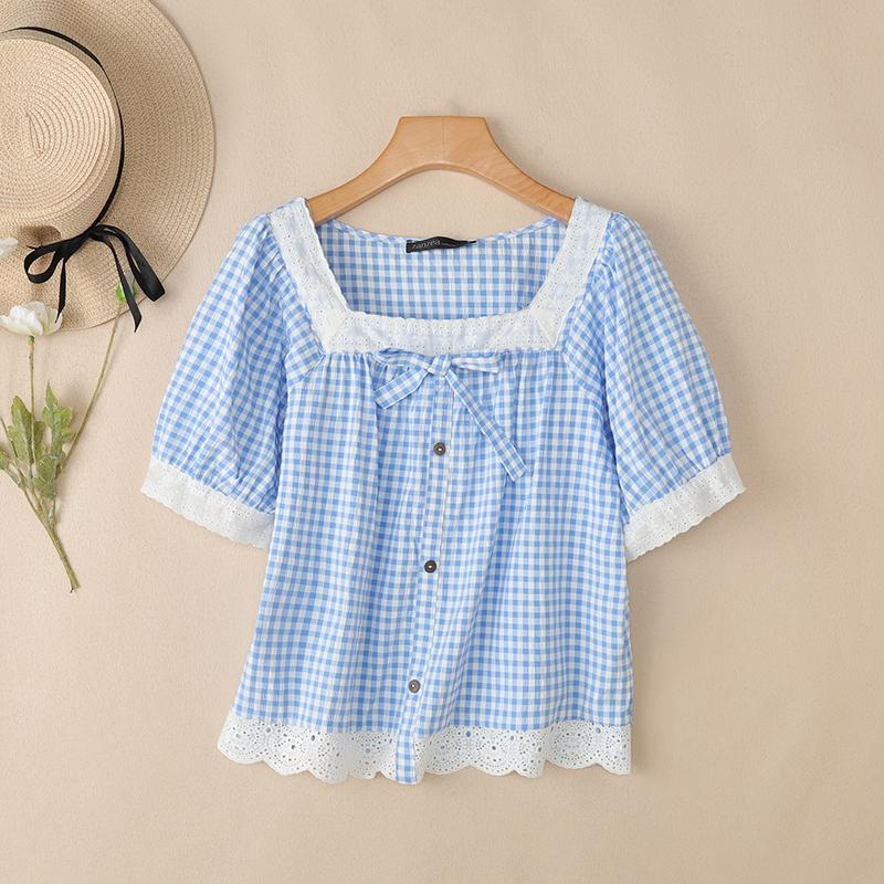 ZANZEA Women Lace Splice Square Collar Casual Short Sleeve Grid Print Blouse M синий