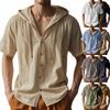 Camicia casual da uomo a tinta unita a maniche corte con cardigan in cotone con cappuccio e coulisse, trendy, versatile e ampio