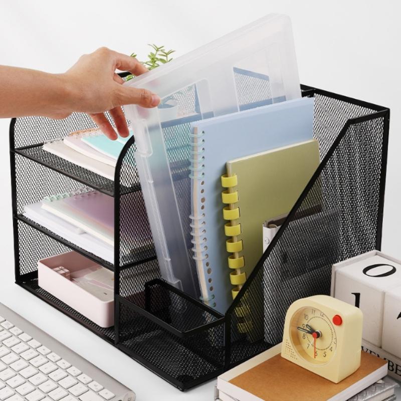 Desk Paper File Tray Organiser 3-Tiered Metal File Letter Tray With Book Rack Space Saving Document Organiser For Office