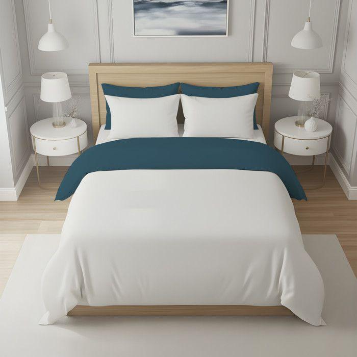 Housse de couette bicolore en coton 57 fils 240x220 cm UNI blanc et bleu canard, par Soleil d'ocre