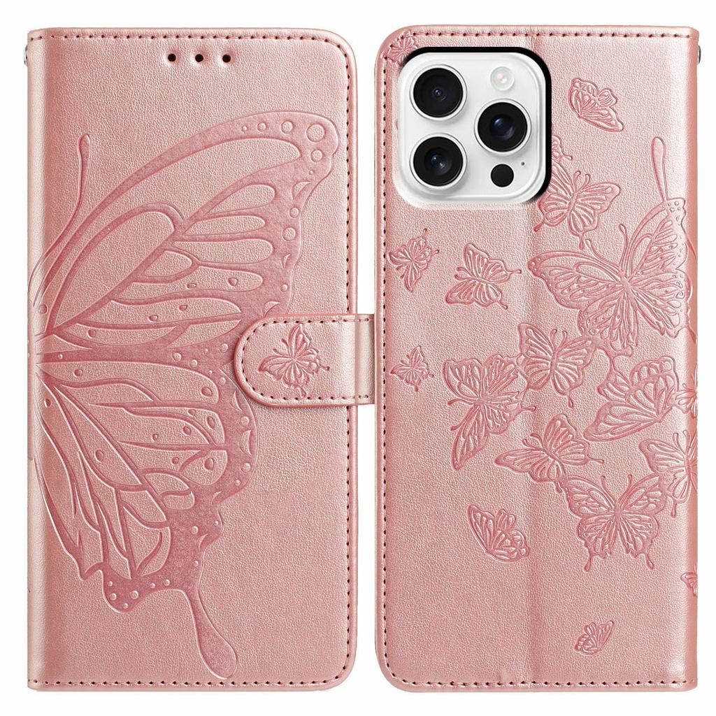 For iPhone 16 Pro Case Butterfly Imprinted Wallet Stand PU Leather Flip Phone Cover with Strap