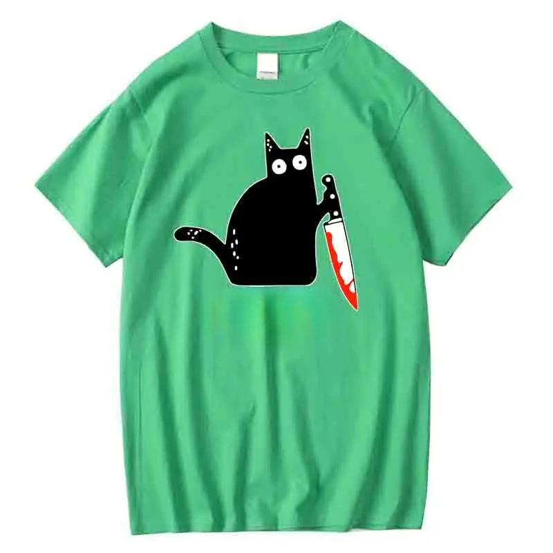 Funny Cartoon Knife Cat Printed T-Shirts Men Fashion Casual Short Sleeves Loose Breathable Pure Cotton T-shirts