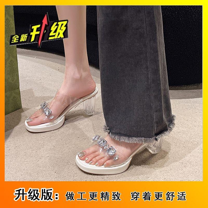 Crystal thick heel waterproof table transparent high heels with diamond slippers car show model catwalk night sandals 2025 new
