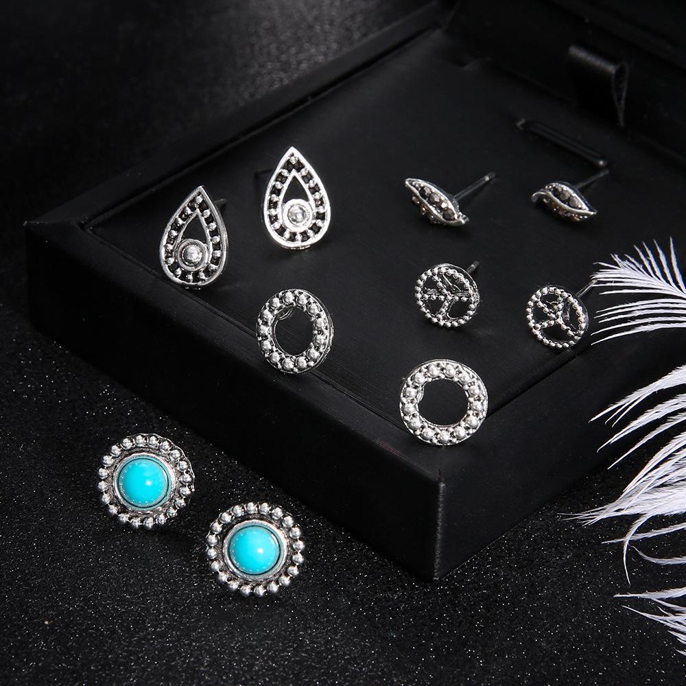 Bohemian Vintage Hollow Turquoise Geometric Circle Stud Earrings