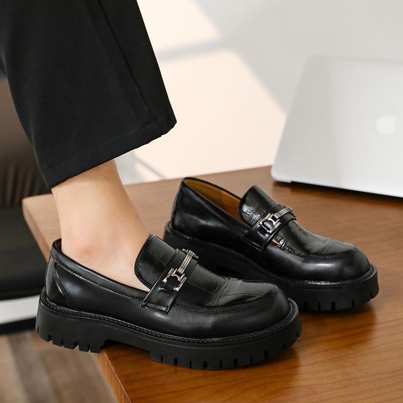Fashion Advanced Texture Korean Style Fashion Metal Buckle Leather Casual Non-slip Men's Comfor Round Head Leisure Business Loafer Shoes