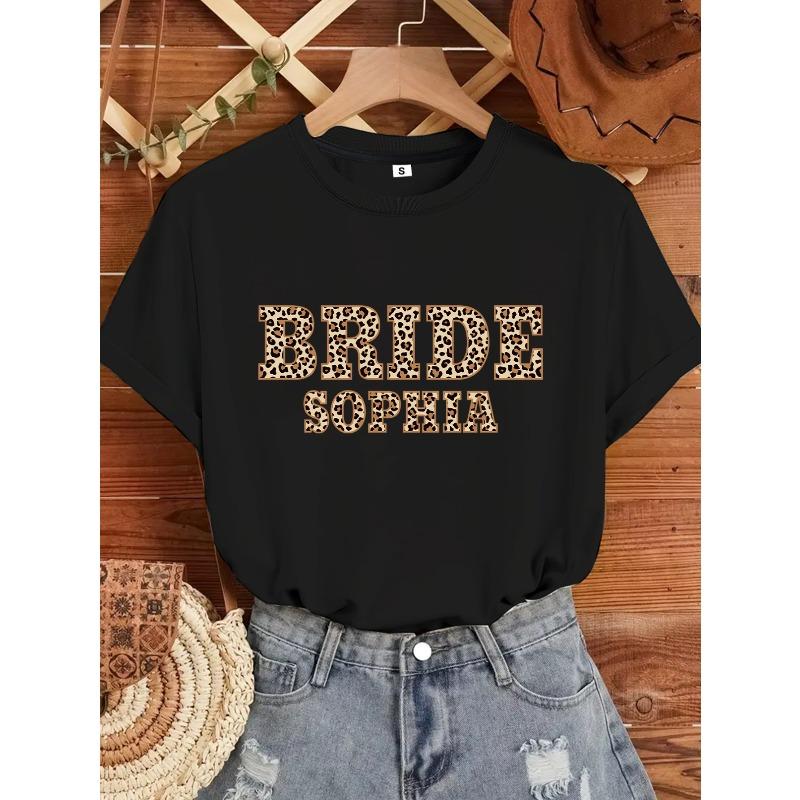 

Women Personalized Leopard Print Custom Name Text T-Shirt Round Neck Casual Tee for Mothers Brides Birthday Wedding Gift 4XL чорний