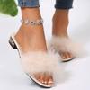 Fashion Women Luxury Slippers Lady Fashion Wedding Slip-On Pink Square Toe Women Slides Women 2025 Fluffy Peep Toe Middle Heels