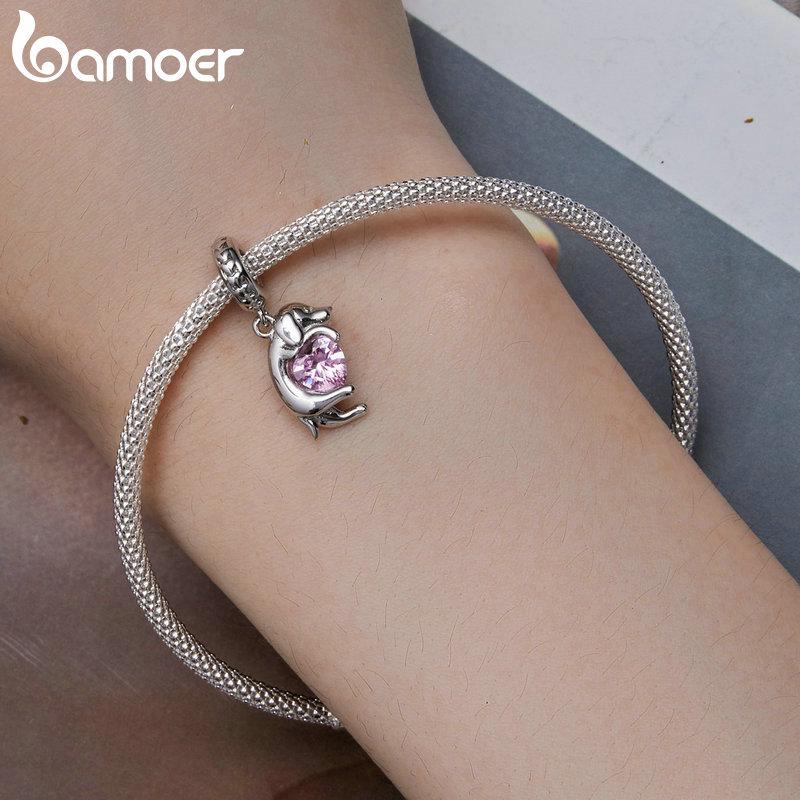 BAMOER Gold Plated Pet Dog Charm Beads for Charm Bracelet, Genuine 925 Sterling Silver Border Collie Dachshund Schnauzer Pendant