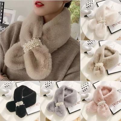 Women Winter Warm Thicken Elegant Pearl Cross Collar Scarf  Solid Color Faux Rabbit Fur Plush Elegant Shawl Scarfs